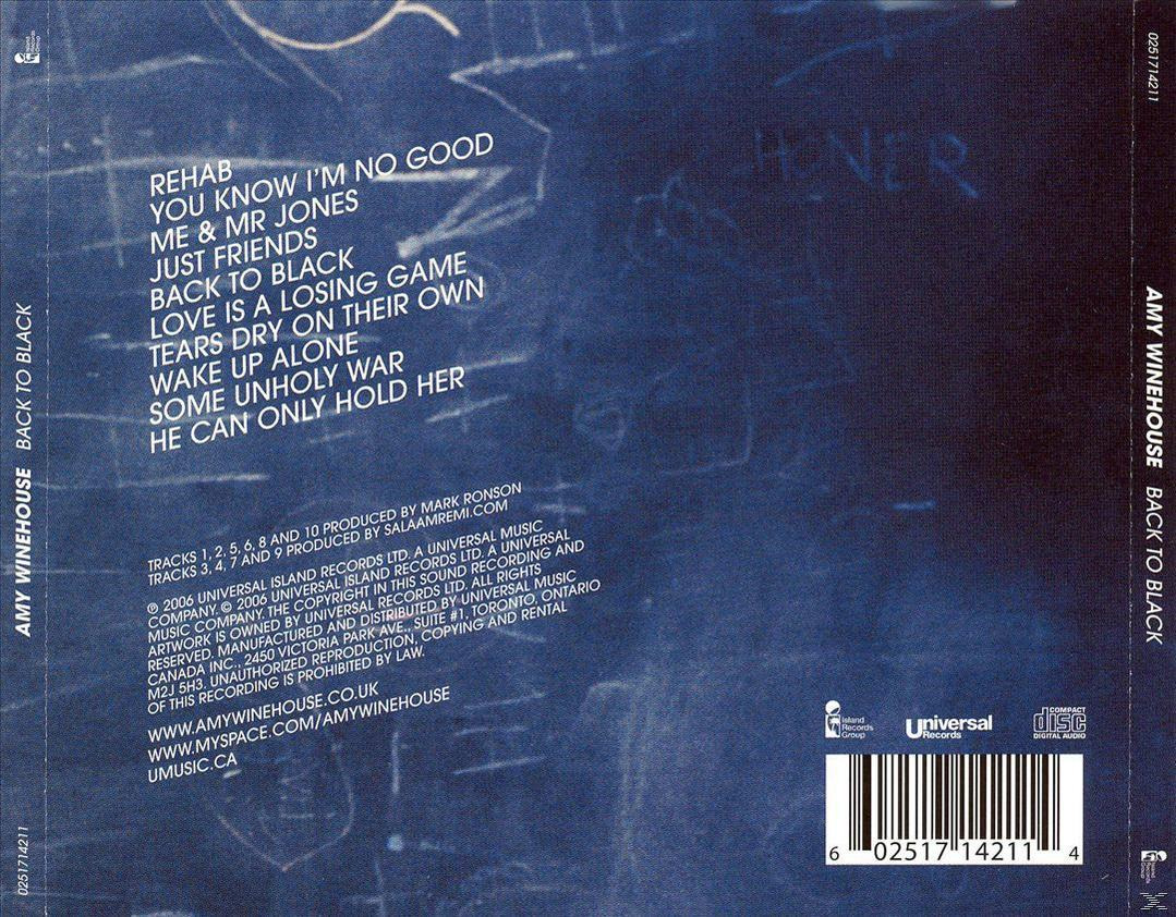 Die Rückseite einer Amy Winehouse CD, mit Titelliste, Text und blauem Hintergrund.