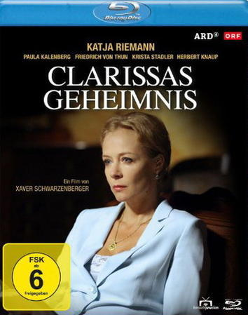 Filmcover: Frau in blauem Jackett mit Text 'Clarissas Geheimnis' und ARD-Logo.