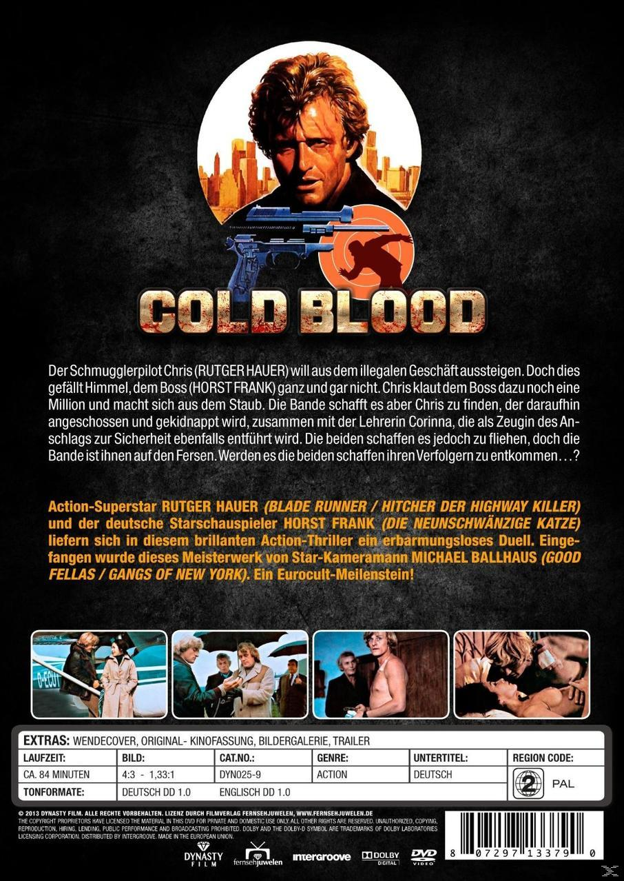 Filmplakat: Mann mit Waffe, Stadtsilhouette und Text 'Cold Blood'.