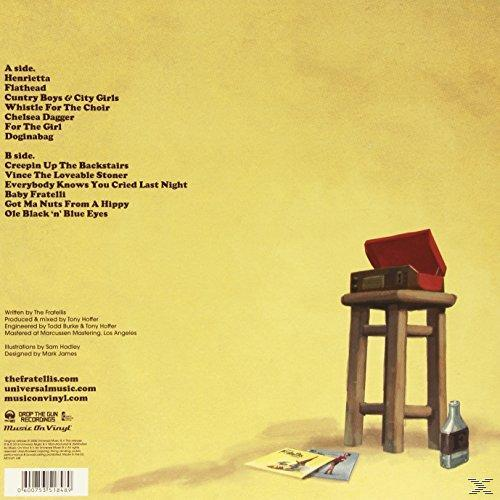 Egy album hátlapja a számlistával. A The Fratellis albuma. Egy lemezjátszó látható.