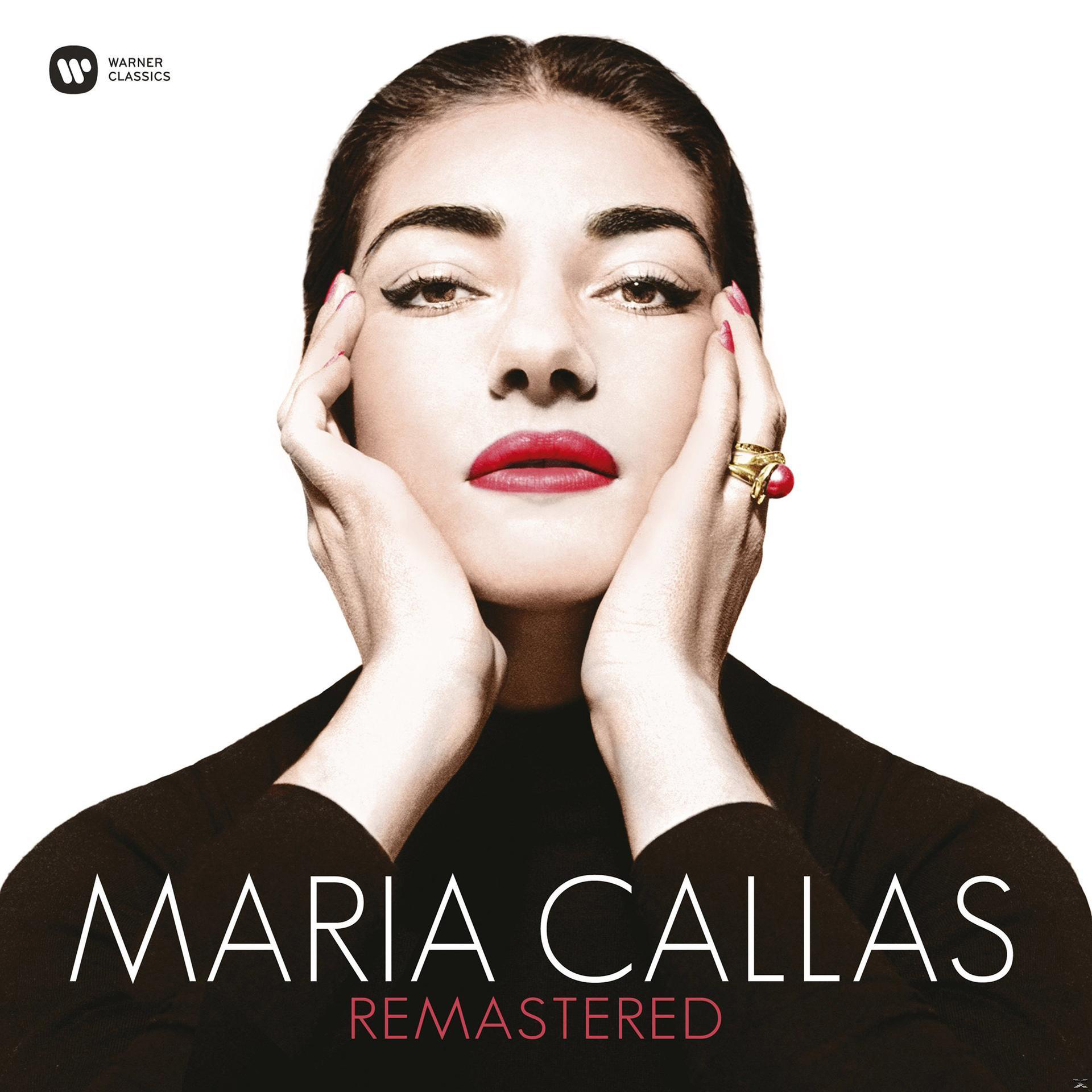 Maria Callas Albumcover. Frau mit roten Lippen und Händen im Gesicht. Weißer Hintergrund.