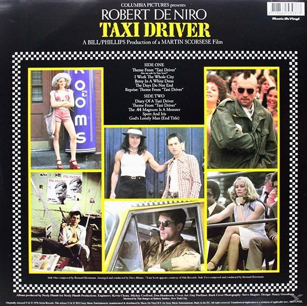 A Taxi Driver album hátlapja a film képeivel, emberekkel és szöveggel.