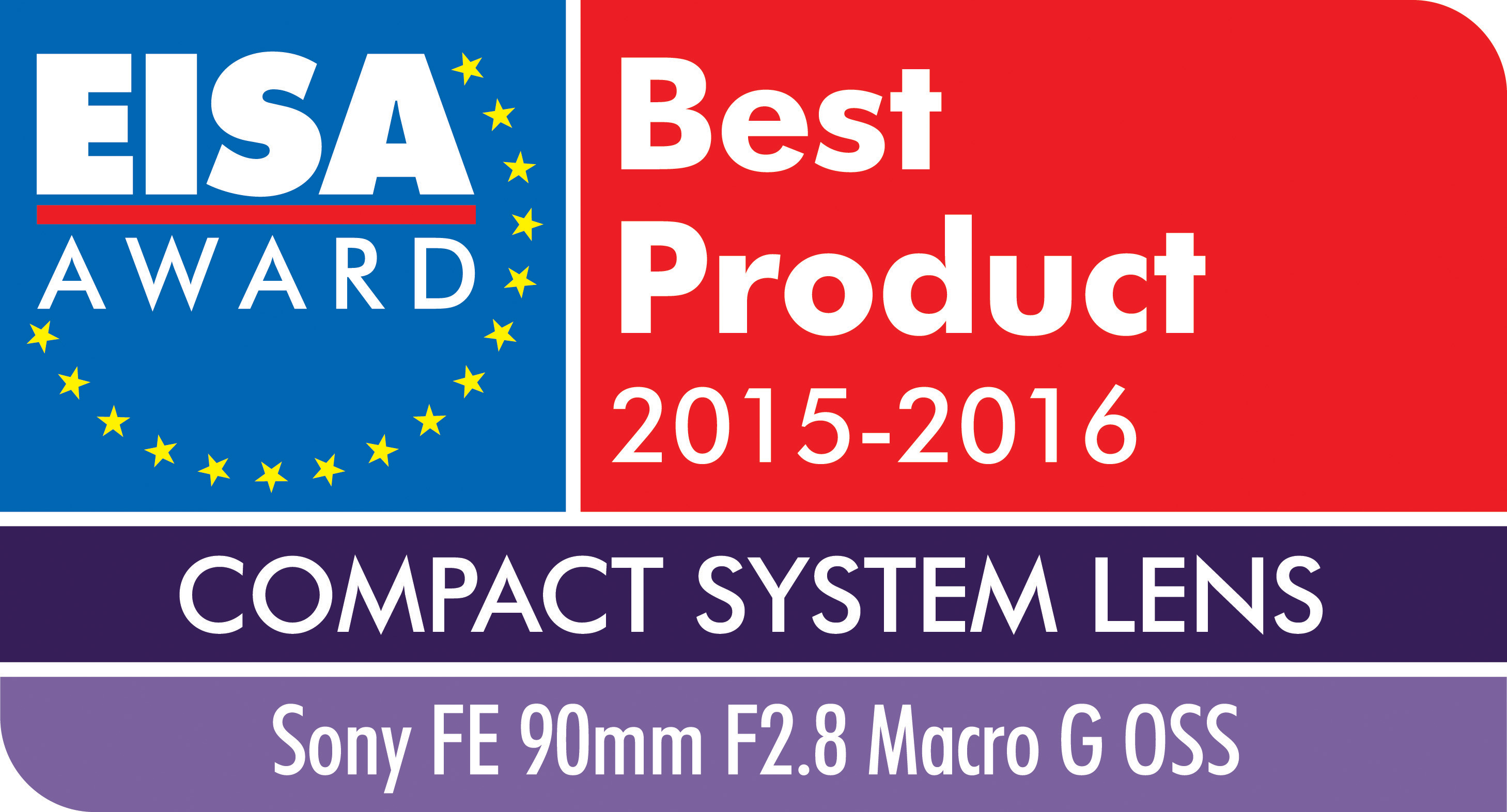 Ein Etikett mit dem Text EISA AWARD Best Product 2015-2016, mit einem Kompaktsystemobjektiv.