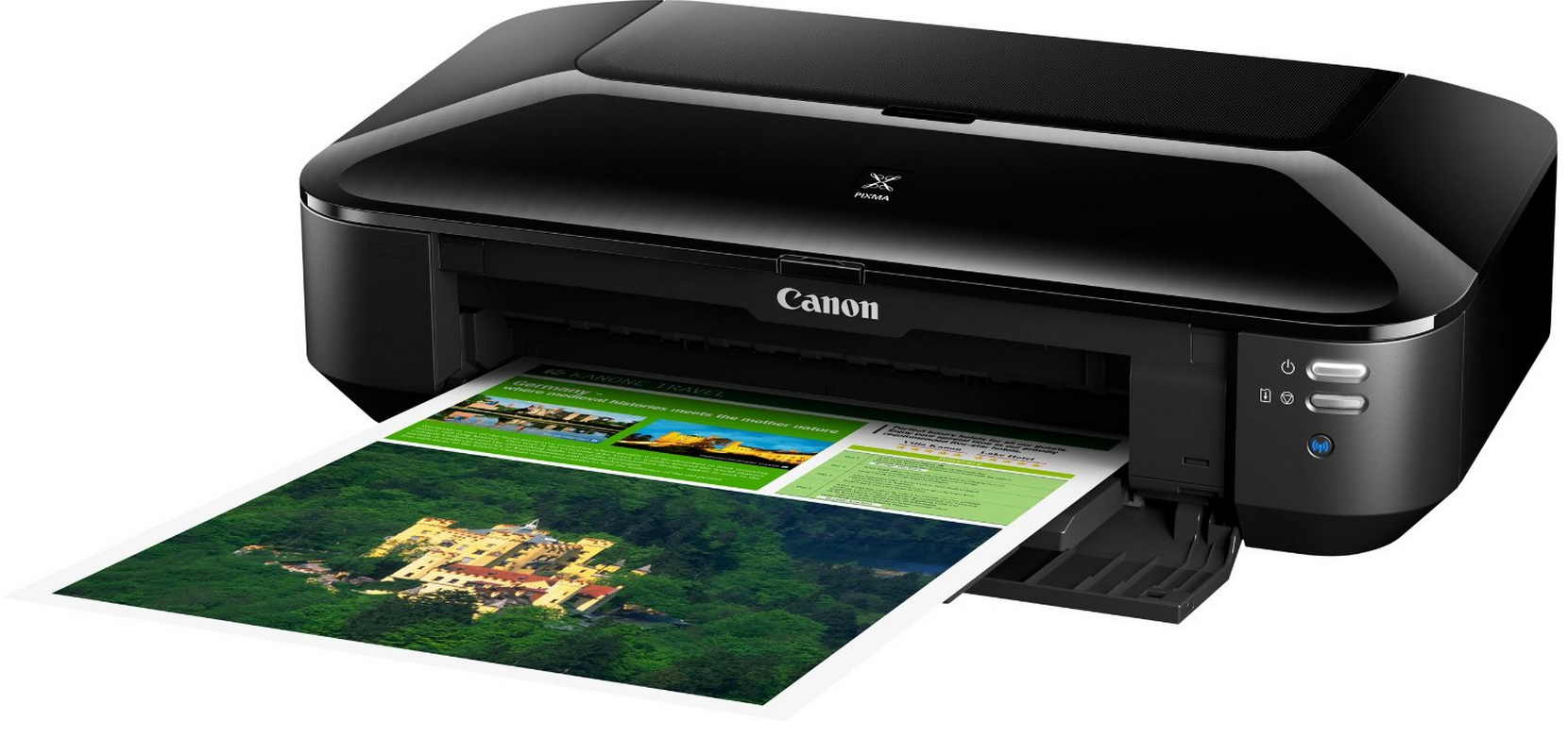 A Canon printer printing a document. The document has images of nature and text, on a white background.