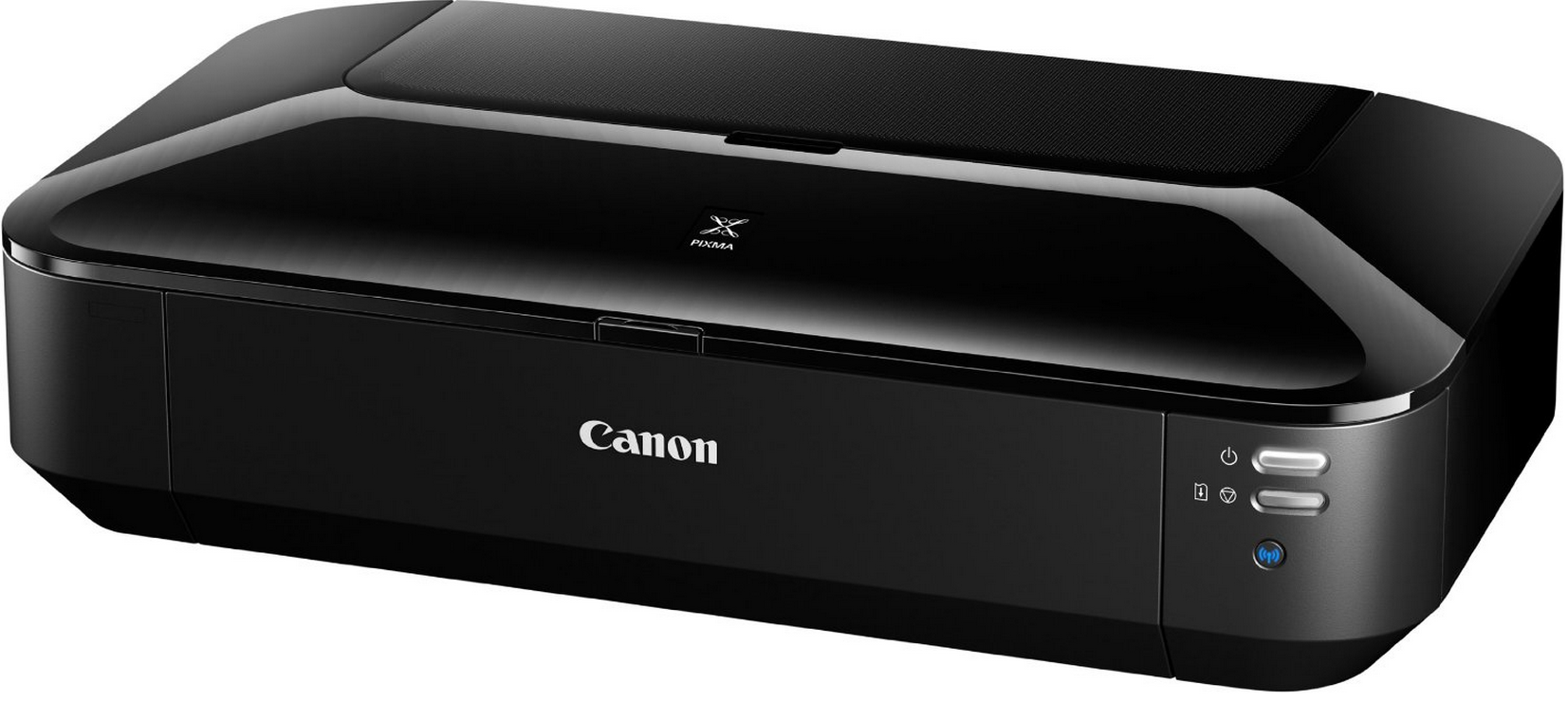 A black Canon PIXMA printer with a glossy finish. It is on a white background.