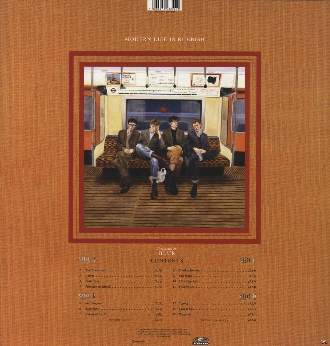 Blur Albumcover, 'Modern Life Is Rubbish', mit Bandmitgliedern in einem Zugwagen.
