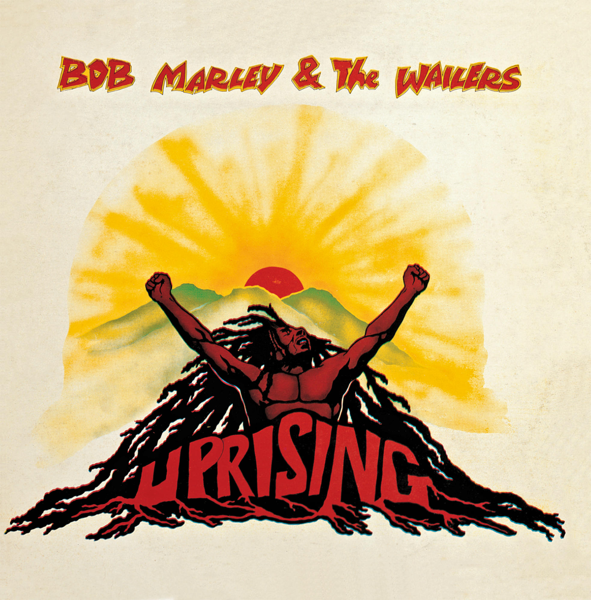 Albumcover mit Bob Marley und The Wailers. Eine rote Figur hebt Hände in Richtung einer gelben Sonne.