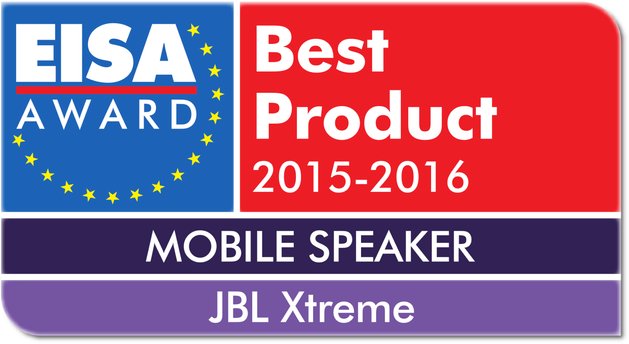 EISA Award mit 'Best Product'. JBL Xtreme Text. Blaues und rotes Banner mit gelben Sternen.