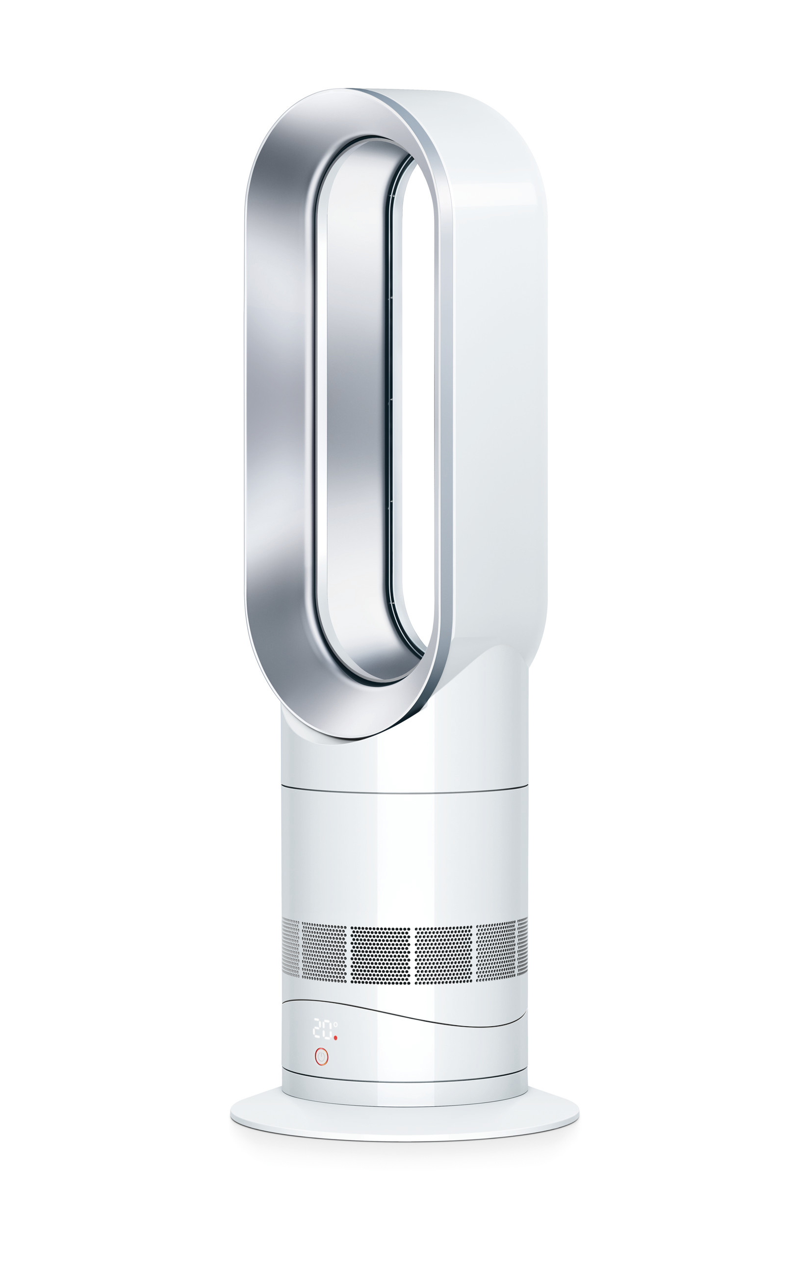 Ein weißer Dyson-Ventilator mit silberner Schlaufe, auf weißer Basis. Der Ventilator hat ein digitales Display.