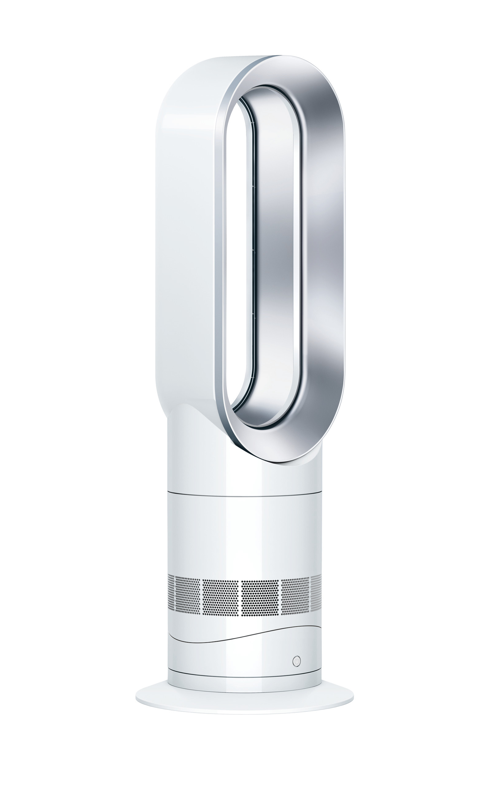 Weißer Turmventilator, ovale Form mit silberner Oberseite, auf weißem Sockel, weißer Hintergrund.