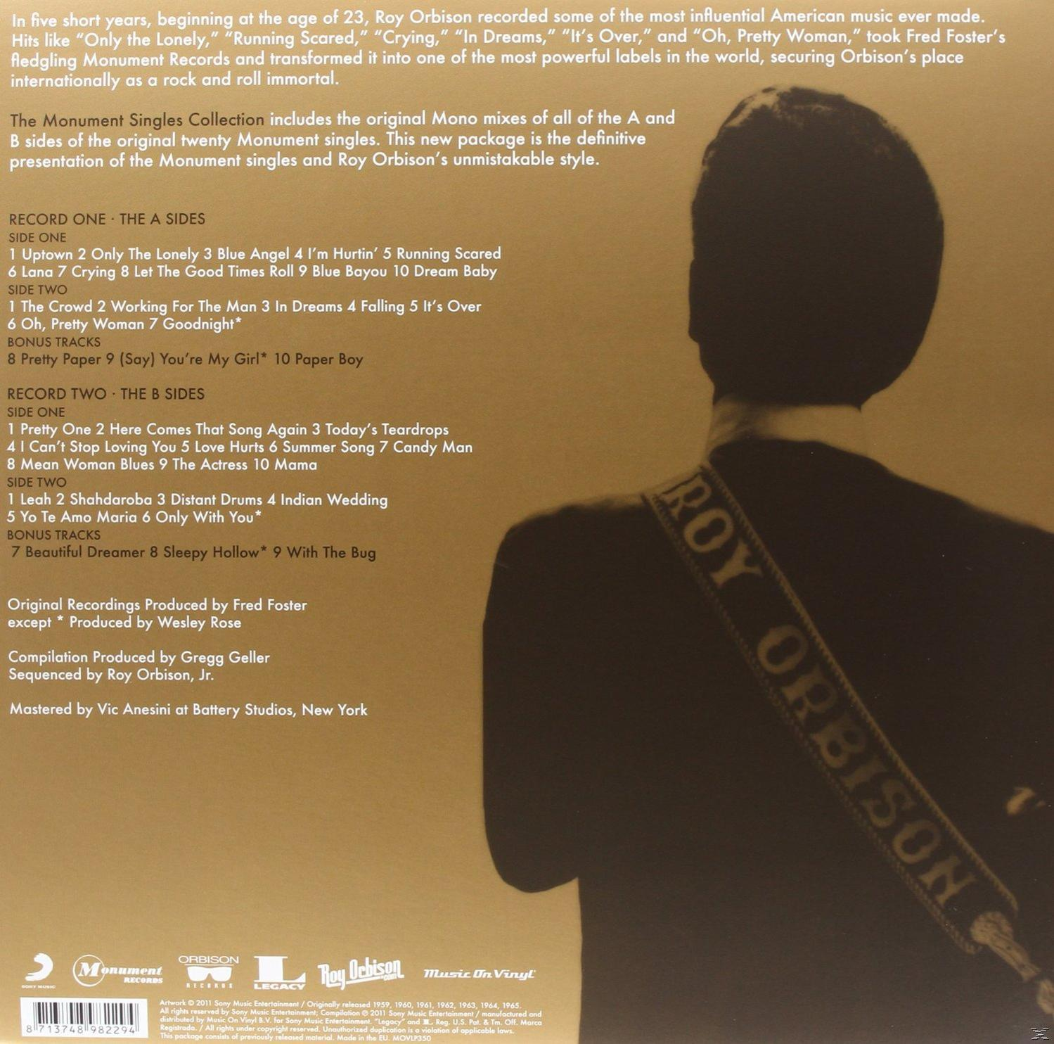 Roy Orbison album hátlapja. Szöveg a művészről és a dalcímek, sötét háttérrel.