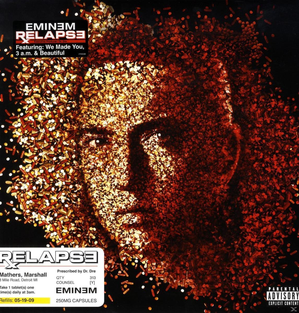 Pochette de l'album Relapse d'Eminem. Visage fait de pilules rouges et jaunes avec le mot Relapse.