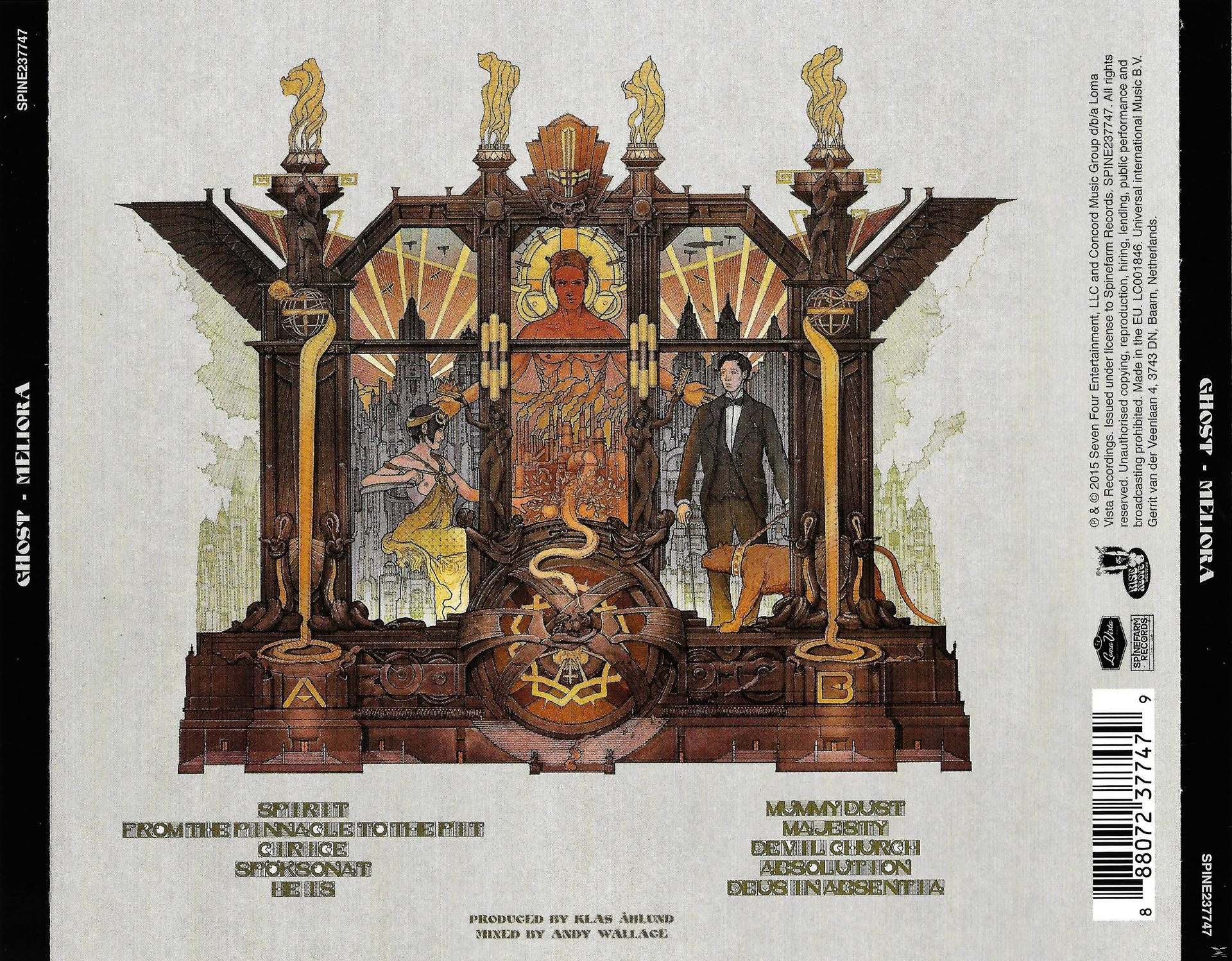 Pochette d'album, une structure ornée avec des figures et le nom du groupe GHOST.