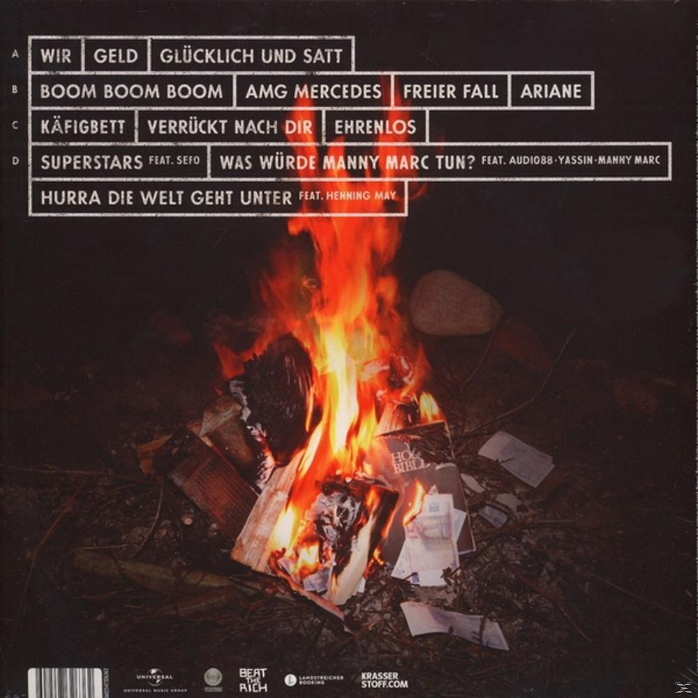 CD-Cover mit Texten und einem brennenden Feuer im Hintergrund mit einem Stapel Bücher.