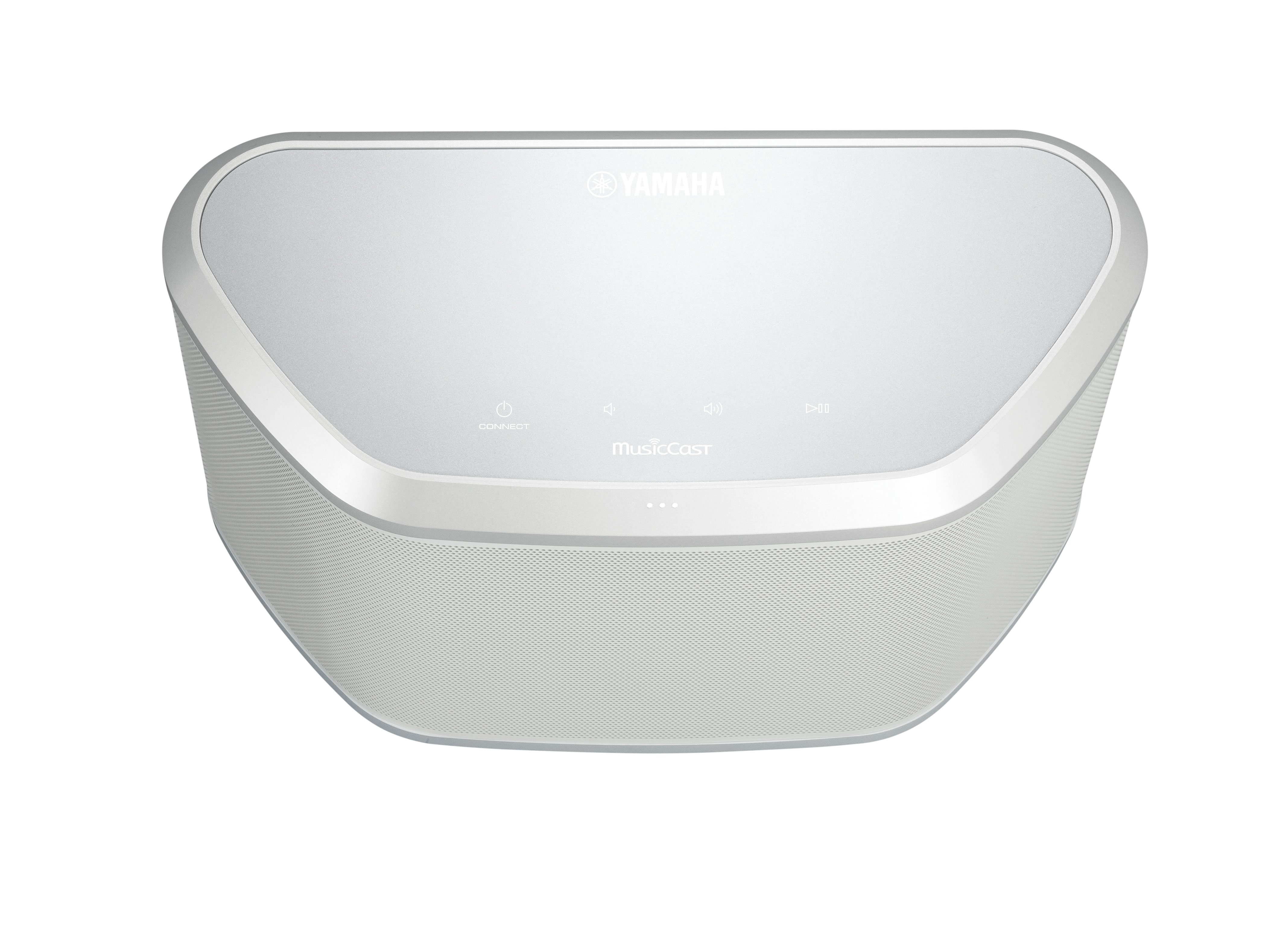 Ein weißer Yamaha MusicCast-Lautsprecher. Er hat ein Lautsprechergitter, Bedienelemente und eine weiße Oberseite.