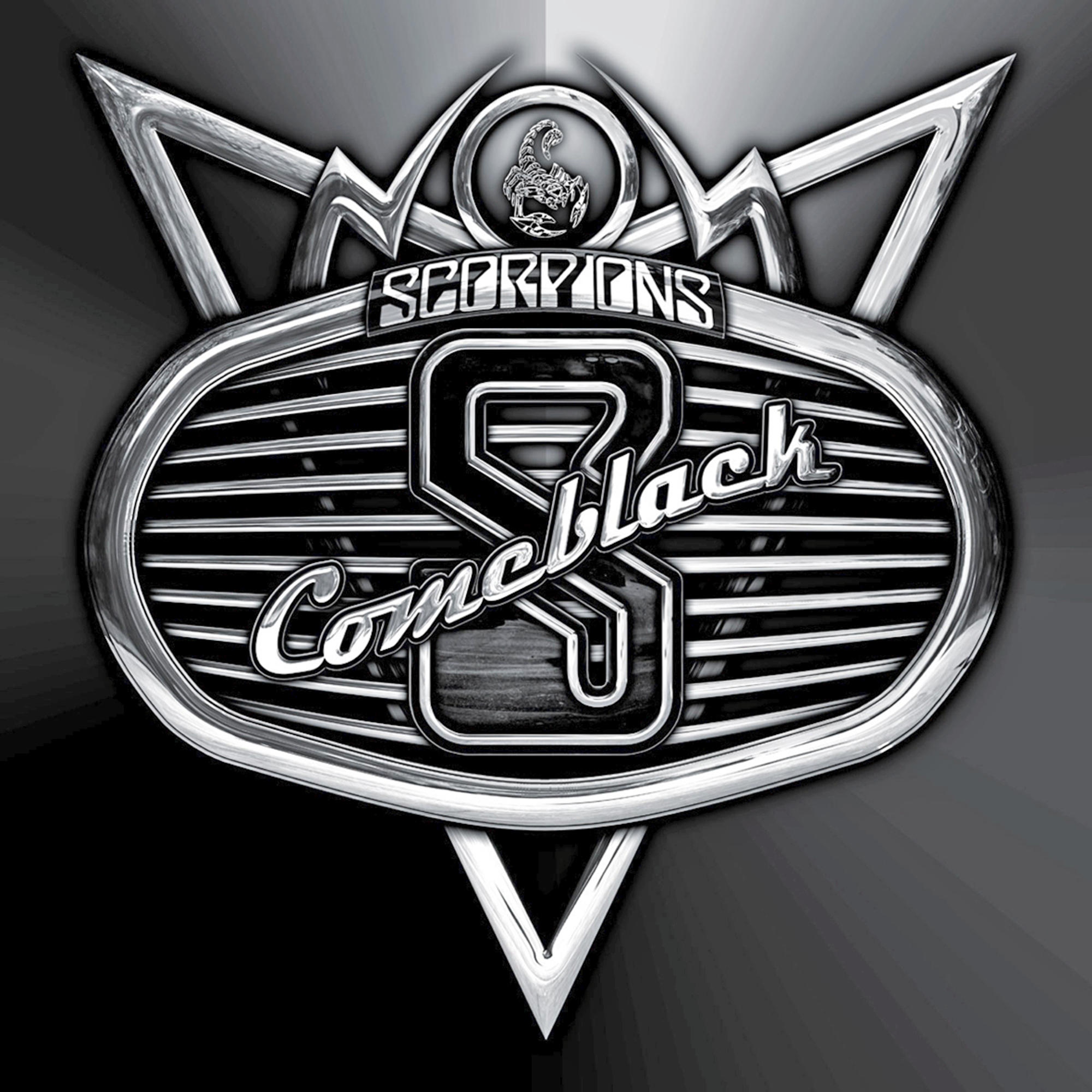 Albumcover, Scorpions. Comeblack Albumtitel. Silbernes Logo und Hintergrund. Skorpion-Logo.