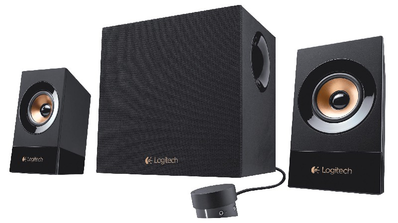 Black Logitech speaker system with two speakers, a subwoofer, and a wired control.