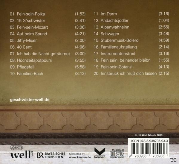 CD-Rückseite mit einer Liste von Liedern. Der Text ist auf Deutsch. Der CD-Titel lautet 'Geschwister Well'.