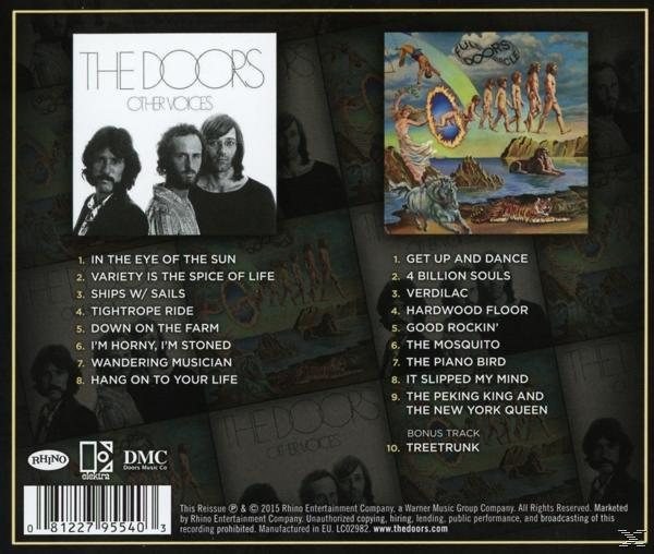 Albumcover von The Doors, mit zwei Albumcovern und Songlisten auf dunklem Hintergrund.
