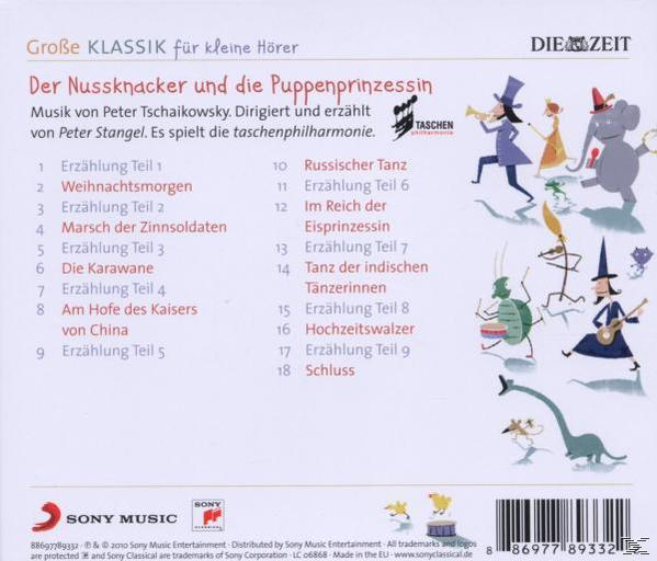 CD-Rückseite. Illustrationen von Figuren, Text auf Deutsch. Titel: Der Nussknacker und die Puppenprinzessin.