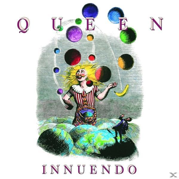Queen 'Innuendo' album borítója. Egy ember világokkal zsonglőrködik, két ember felfelé néz, és egy banán.