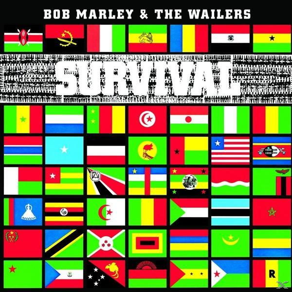 Albumcover 'Survival' von Bob Marley and The Wailers, Flaggen im Hintergrund.