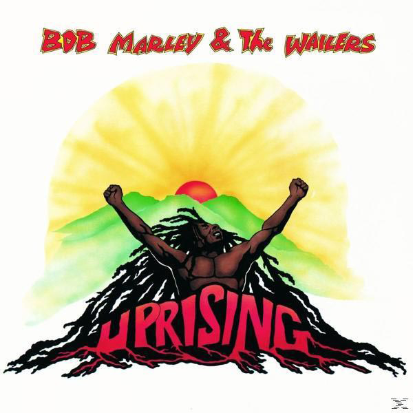 Albumcover mit Bob Marley, der singt und die Arme hebt, Sonne und grüne Hügel im Hintergrund.