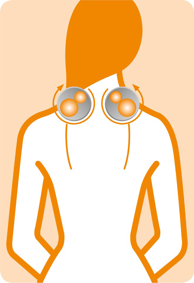 Illustration einer Person mit einem Massagegerät auf den Schultern, orangefarbene Umrisse.