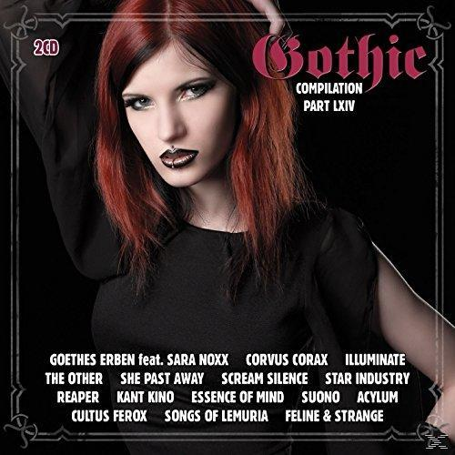 Albumcover zeigt eine Frau mit roten Haaren und schwarzem Lippenstift. Text enthält 'Gothic Compilation Part LXIV' und Bandnamen.