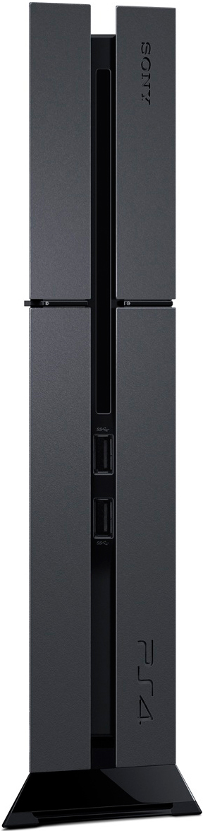 Console PS4 noire debout verticalement. Les étiquettes Sony et PS4 sont visibles.
