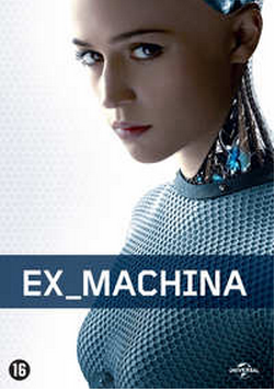 Een filmposter voor "EX_MACHINA", met het gezicht van een vrouw en een futuristisch nekontwerp. De classificatie is 16.