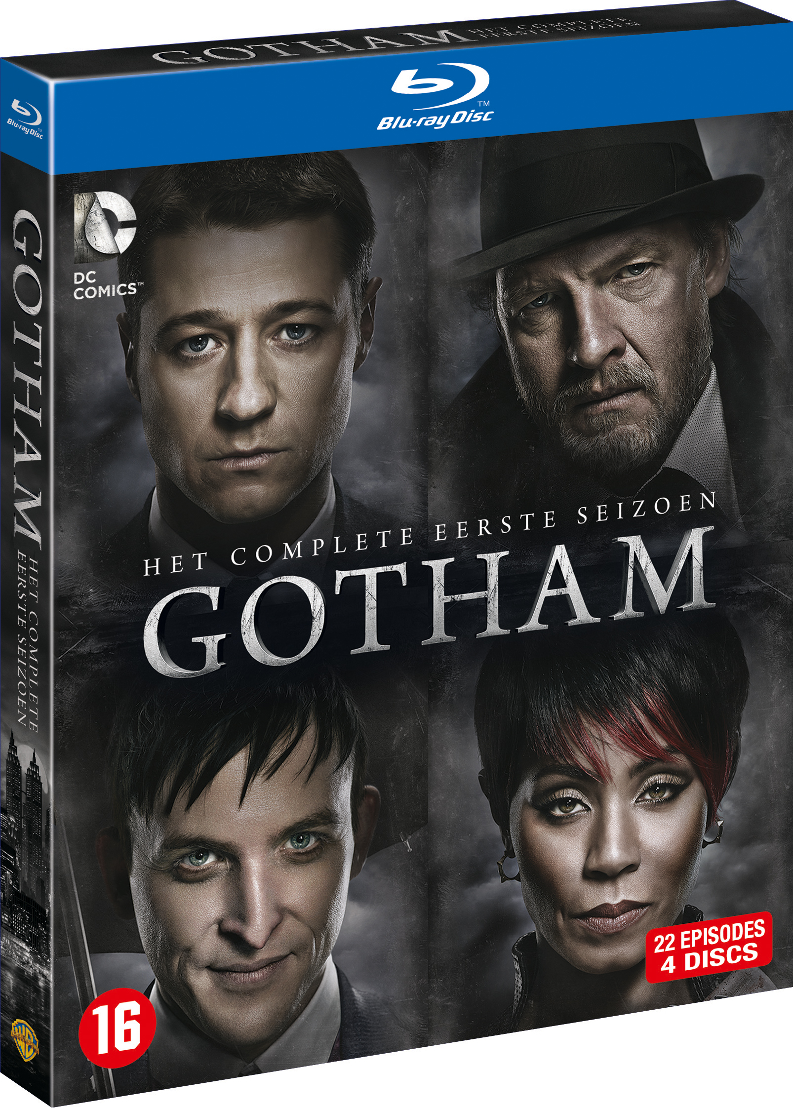 Couverture Blu-ray pour 'Gotham', avec quatre portraits de personnages et le titre de la série.