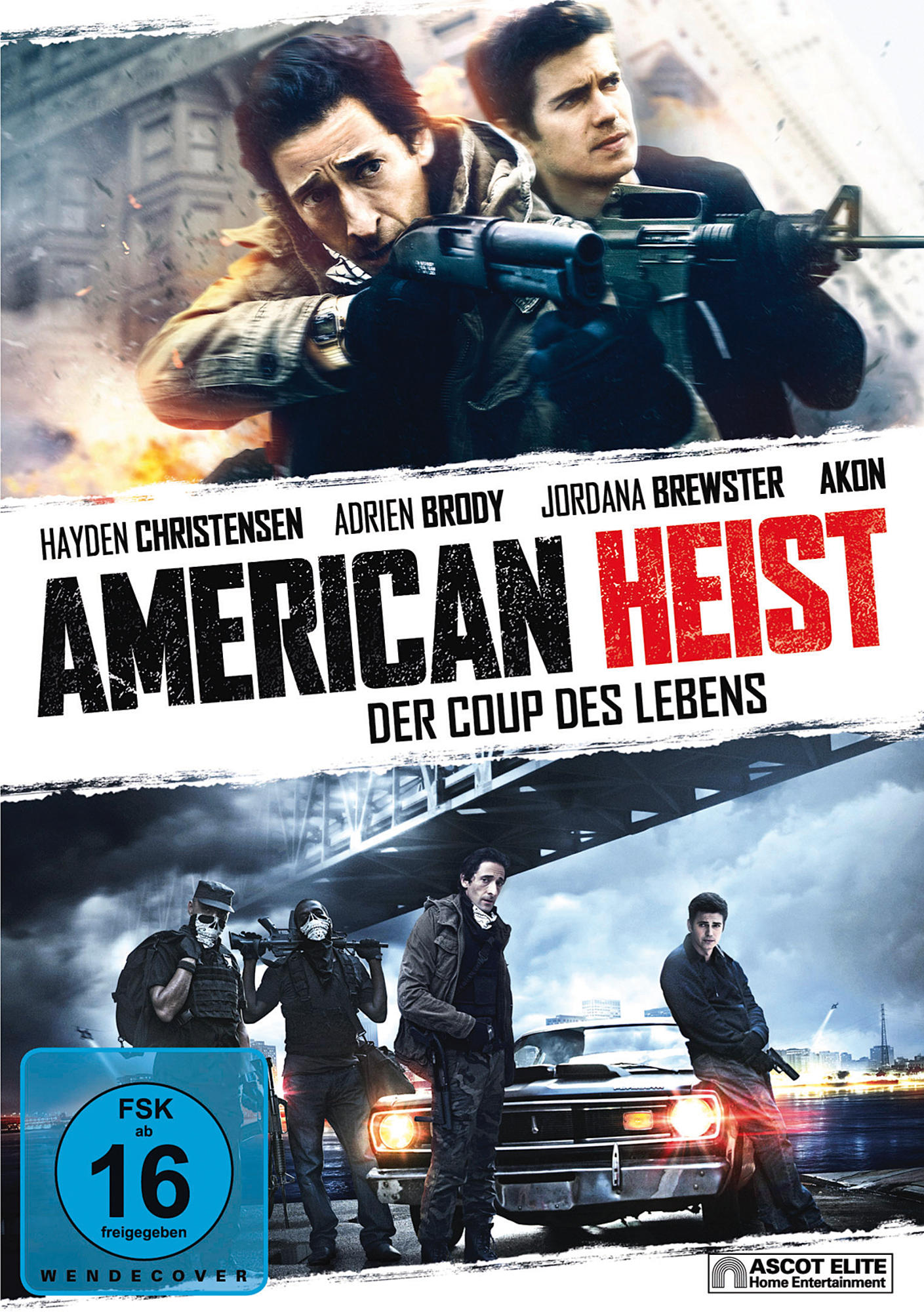 DVD-Cover für 'American Heist', mit Schauspielern und einer Stadtkulisse im Hintergrund und deutschem Text.