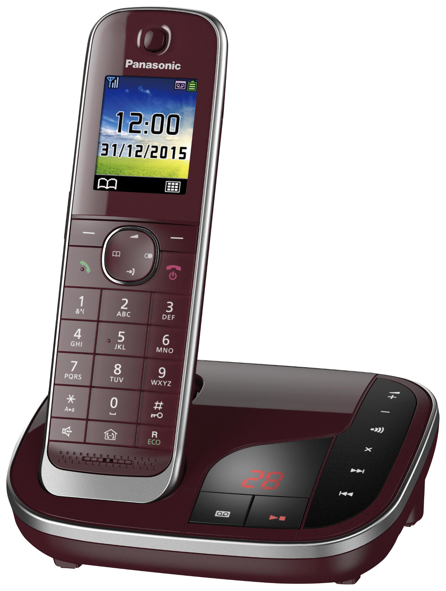 Ein weinrotes schnurloses Telefon mit digitaler Anzeige auf einer Basis. Zahlen und Tasten sind sichtbar.