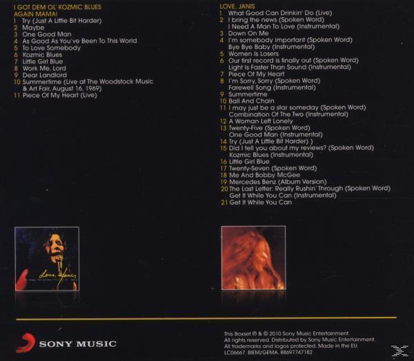 Albumrückseite mit Tracklisten für Love, Janis und ein Foto von Janis Joplin.