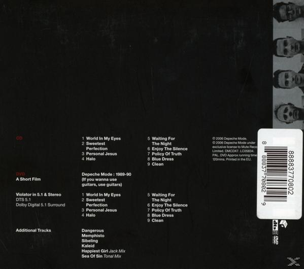 Schwarzes CD-Cover mit der Titelliste des Depeche Mode-Albums. Ein weißer Barcode befindet sich in der rechten Ecke.