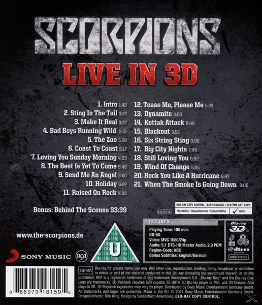 DVD-Cover von Scorpions 'Live in 3D'. Mit Titelliste, Bandlogo und Text.