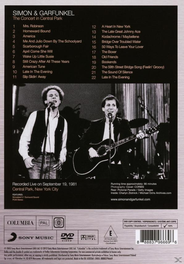 Albumcover mit Simon & Garfunkel auf der Bühne. Text listet die Songs des Konzerts auf.
