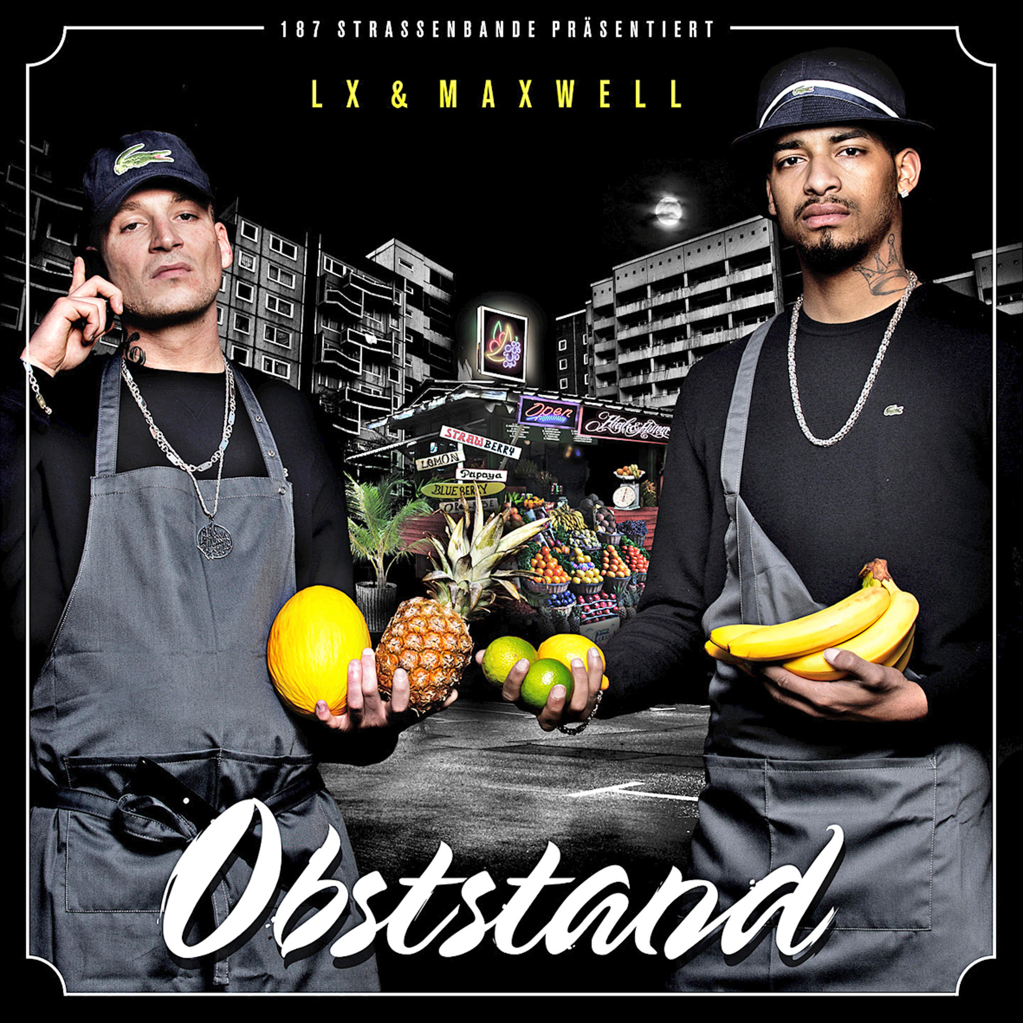 Albumcover: Zwei Männer, LX & Maxwell, an einem Obststand, halten Früchte, mit Nachthimmel.