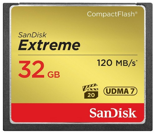 SanDisk Extreme CompactFlash kaart, 32 GB, 120 MB/s, met rood en goud kleurenschema.