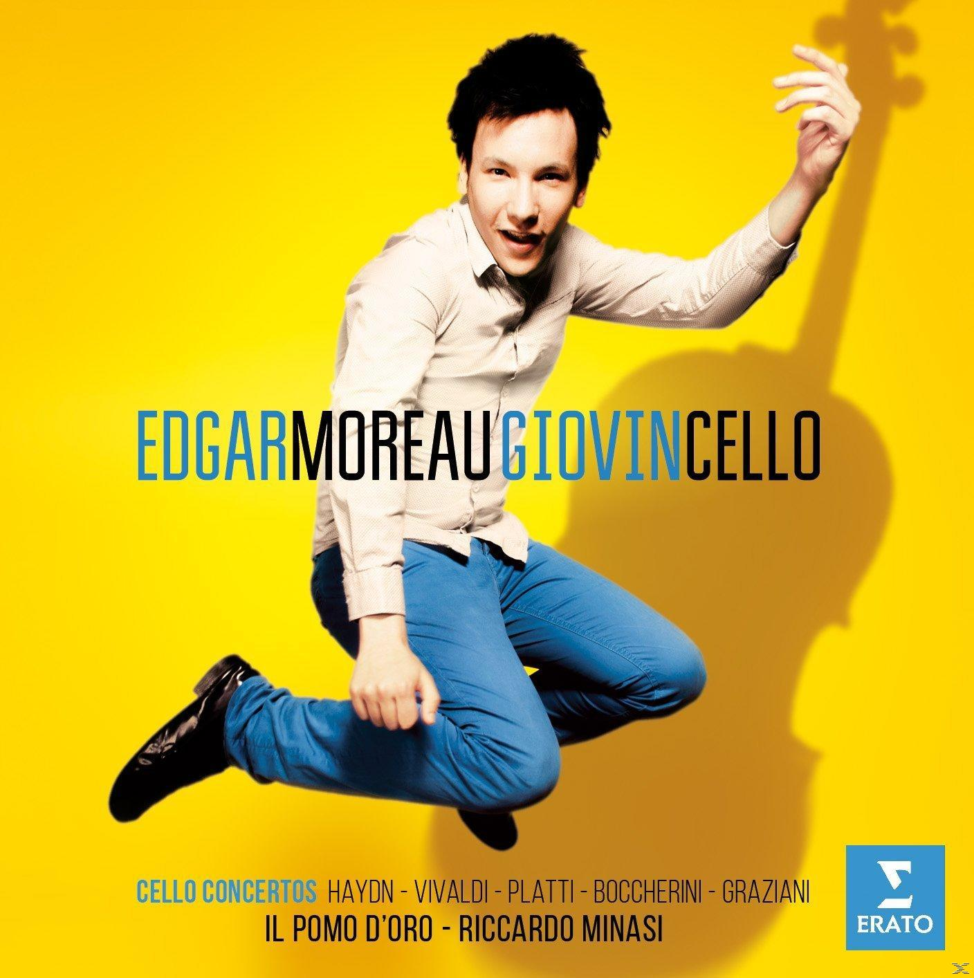 Album borító, Edgar Moreau, egy kék nadrágos és inges férfi, ugrál egy csellóval.