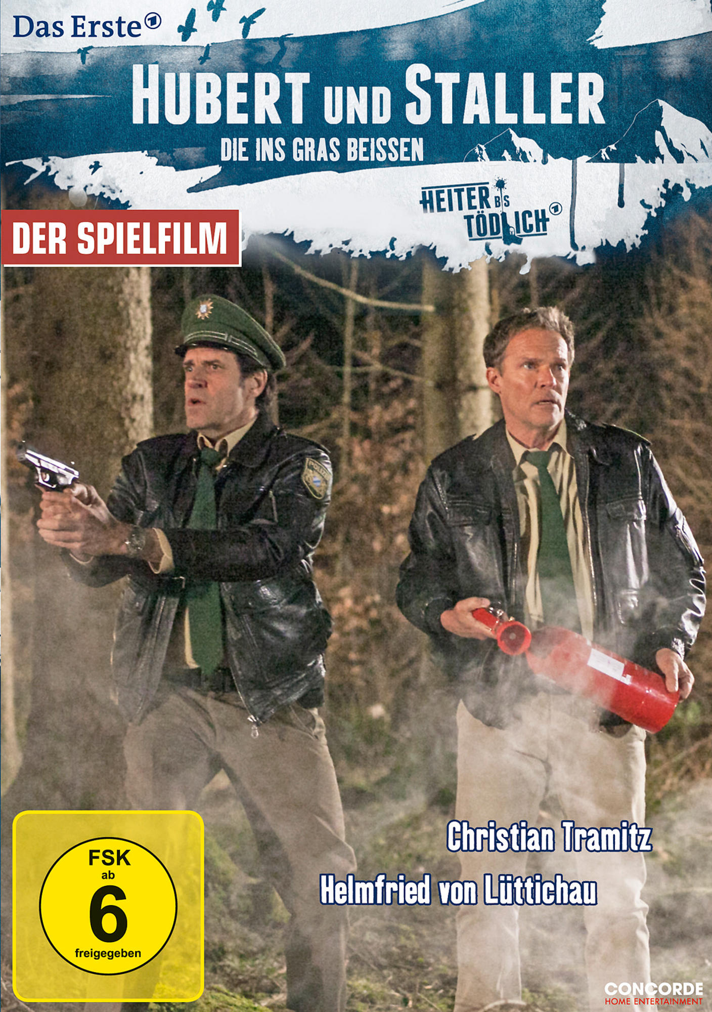 Filmplakat für Hubert und Staller. Zwei Männer in Jacken halten eine Pistole und einen Feuerlöscher.