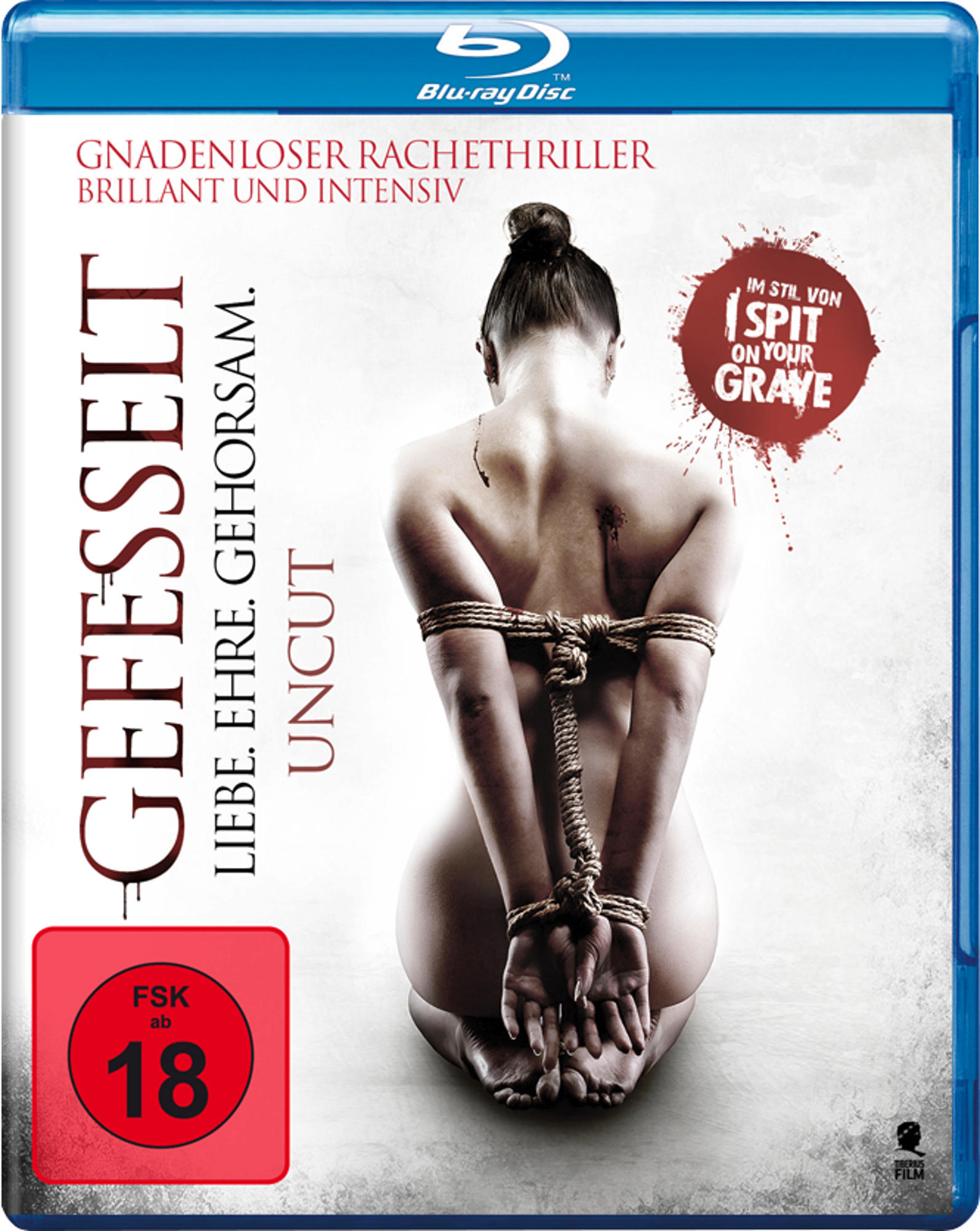 DVD-Cover mit gefesselter Frau, rotem Rating-Label und Filmtitel.