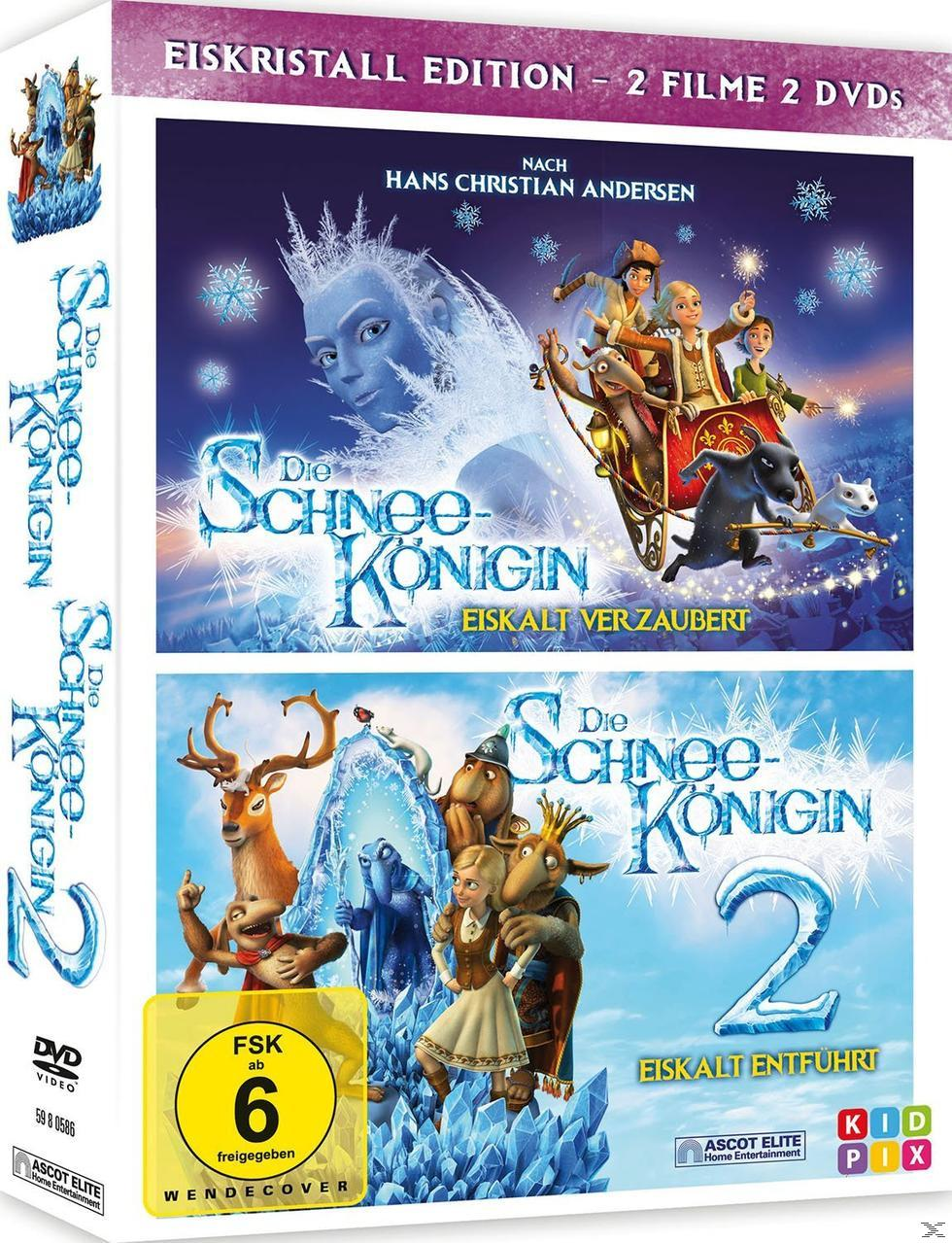 DVD-Cover. Zeichentrickfilm, Eiskönigin 2 Filme darauf. Zeichentrickfiguren und Eis.