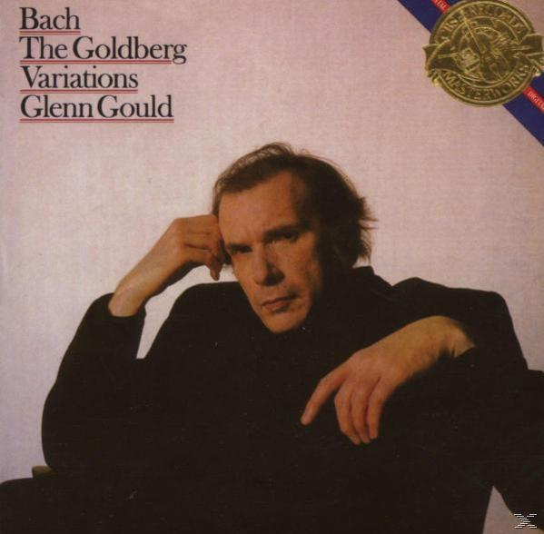 Albumcover mit Glenn Gould. Text: Bach, Die Goldberg-Variationen. Gould stützt seinen Kopf auf seine Hand.