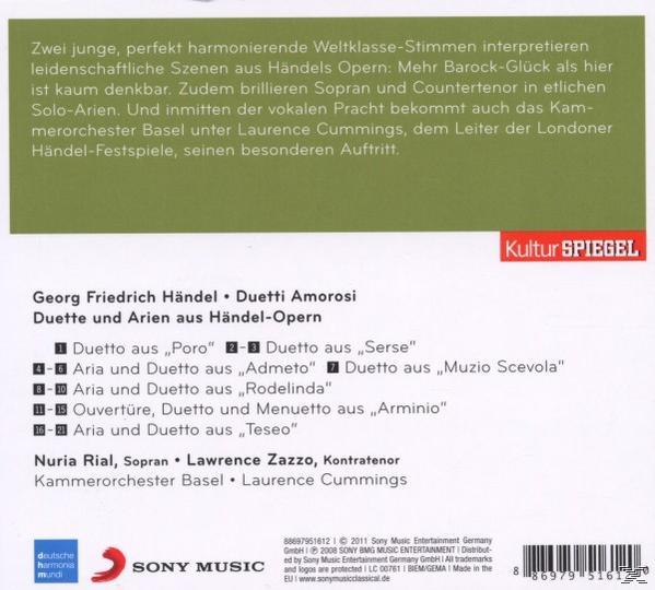 CD-Rückseite mit Text über Händels Oper, Namen der Interpreten und der Trackliste.