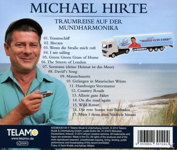 CD-Cover mit Michael Hirte mit Mundharmonika und einem Spielzeug-LKW mit Text auf der Seite.