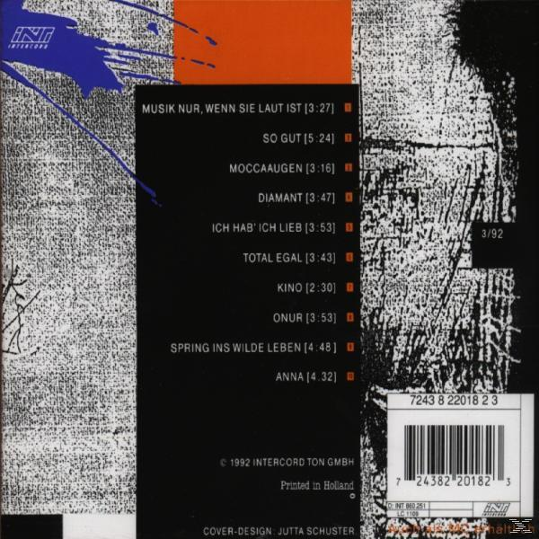 CD-Rückseite mit Titelliste. Der Text ist auf Deutsch. Der Hintergrund ist grau mit Farbspritzern.
