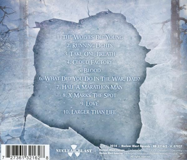 CD-Rückseite mit blauem eisähnlichem Design und Titelliste. Der Bandname und der Albumtitel sind vorhanden.