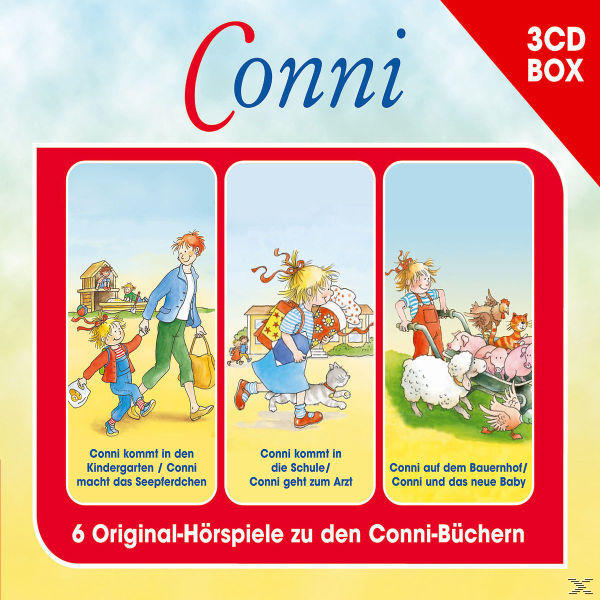 Ein Kinderbuchcover mit Illustrationen von Conni in verschiedenen Szenarien, mit rotem Rand.